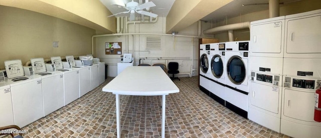 laundry room with ceiling fan, stacked washer and clothes dryer, and washing machine and clothes dryer