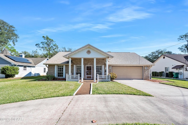 view of front facade with covered porch, a garage, and a front yard