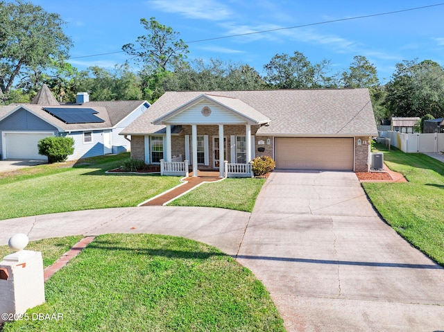 ranch-style home featuring central AC, a front lawn, a porch, and a garage