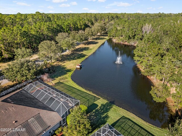 bird's eye view featuring a water view and a forest view