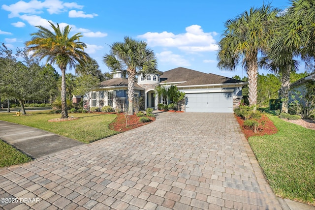 view of front of home featuring a garage, decorative driveway, stone siding, and a front lawn