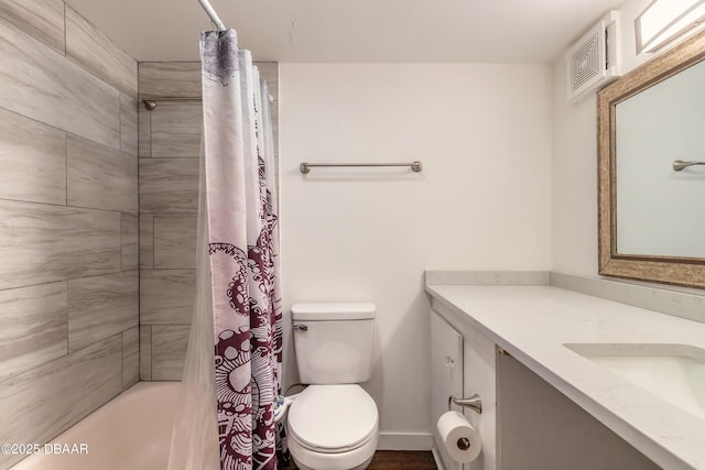full bathroom with toilet, shower / bath combination with curtain, visible vents, and vanity