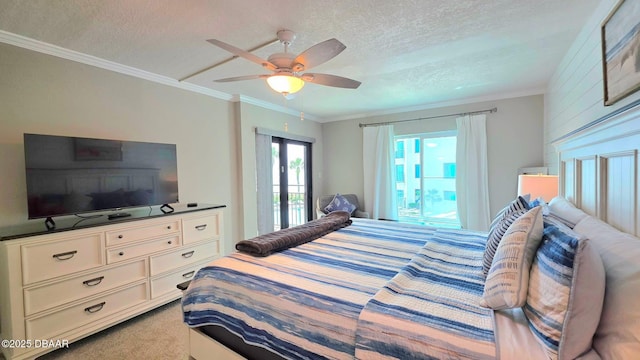 1275 Ocean Shore Blvd Unit 206, Ormond Beach, FL 32176 - carpeted bedroom with a textured ceiling, ceiling fan, crown molding, and access to exterior