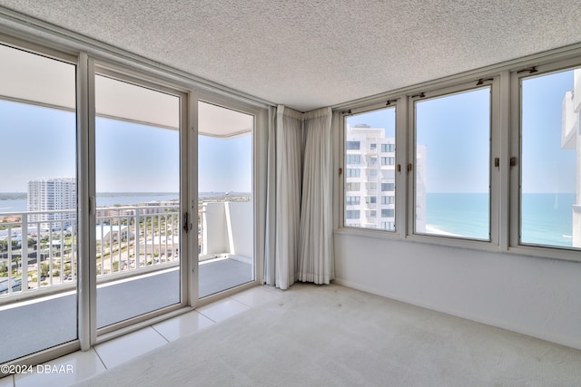 carpeted empty room with a water view and a textured ceiling