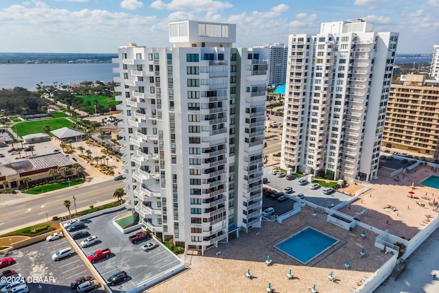 exterior space with a water view