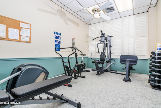 workout area featuring ceiling fan