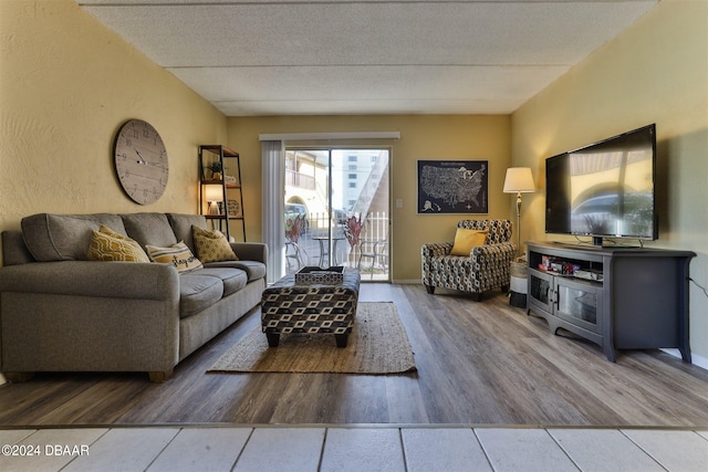 living room featuring wood-type flooring and a textured ceiling