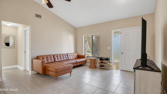 living room with light tile patterned floors, high vaulted ceiling, and ceiling fan