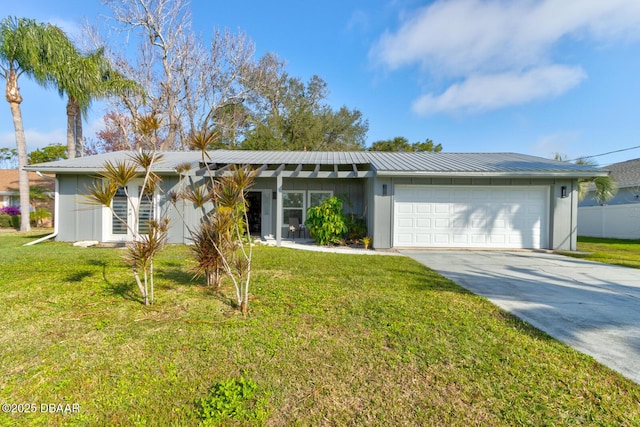 ranch-style house with a garage and a front lawn