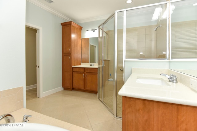 bathroom featuring tile patterned floors, vanity, independent shower and bath, and crown molding