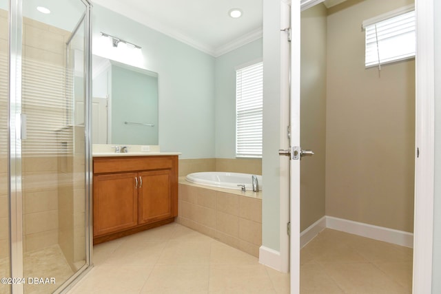 bathroom with plus walk in shower, vanity, tile patterned floors, and crown molding