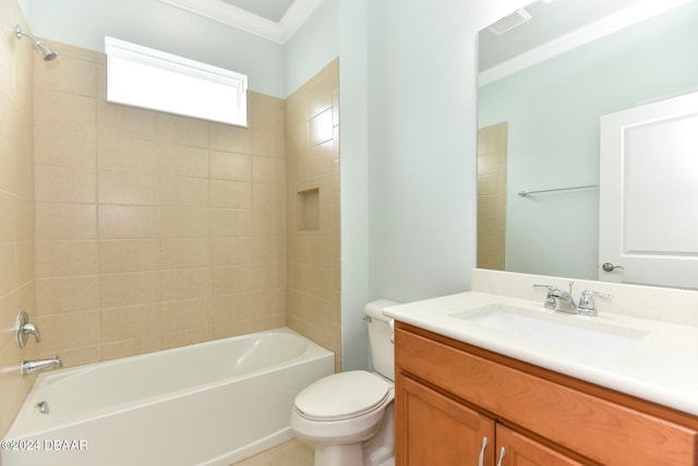 full bathroom featuring vanity, toilet, tiled shower / bath, and ornamental molding