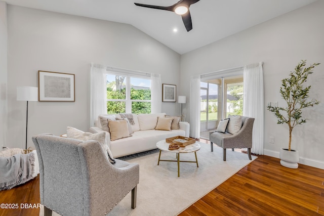 620 Middlebury Loop, New Smyrna Beach, FL 32168 - living room with plenty of natural light, dark wood-type flooring, a ceiling fan, and high vaulted ceiling