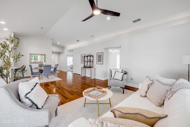 620 Middlebury Loop, New Smyrna Beach, FL 32168 - living room with ceiling fan, lofted ceiling, plenty of natural light, wood finished floors, and recessed lighting