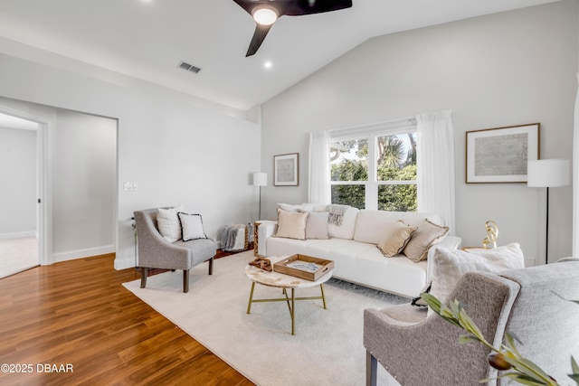 620 Middlebury Loop, New Smyrna Beach, FL 32168 - living area with wood finished floors, a ceiling fan, high vaulted ceiling, and recessed lighting