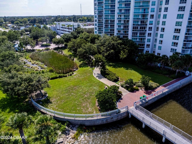 drone / aerial view with a water view