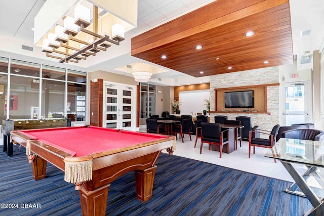 playroom featuring pool table, french doors, and wooden ceiling