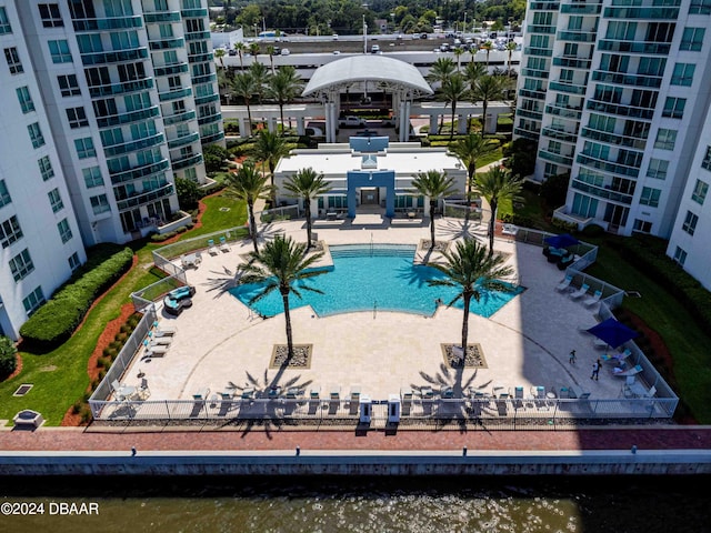 drone / aerial view featuring a water view