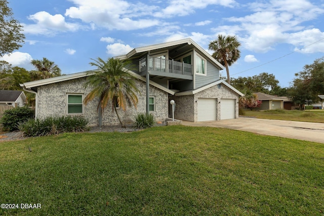 1127 Indigo Rd, Ormond Beach, FL 32174 - mid-century inspired home featuring an attached garage, a front lawn, driveway, and a balcony