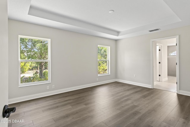 spare room featuring a tray ceiling, healthy amount of natural light, dark wood finished floors, and baseboards