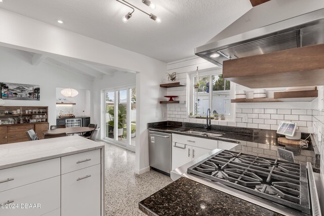 kitchen with a wealth of natural light, white cabinetry, lofted ceiling, and appliances with stainless steel finishes