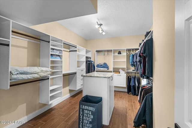 spacious closet with dark hardwood / wood-style flooring