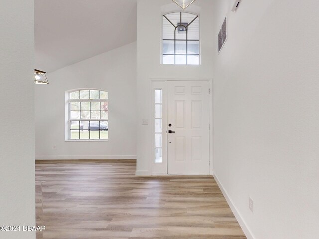 5336 Georgia Peach Ave, Port Orange, FL 32128 - entryway featuring a towering ceiling, wood finished floors, and baseboards