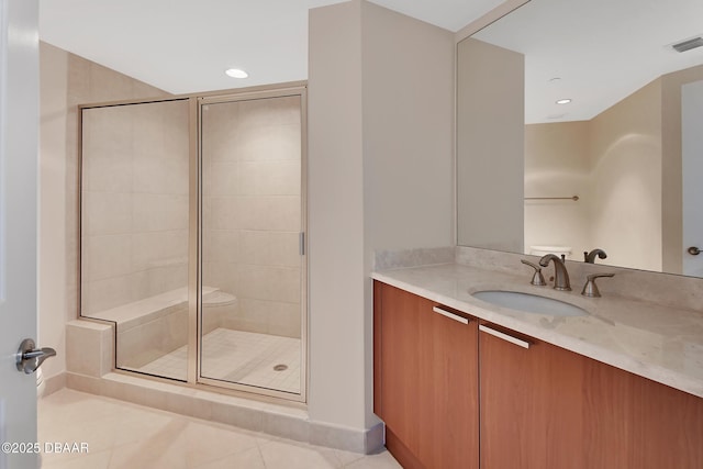 231 Riverside Dr Unit 1801, Daytona Beach, FL 32117 - full bath with tile patterned flooring, recessed lighting, vanity, visible vents, and a shower stall