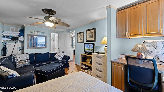 interior space featuring a textured ceiling, ceiling fan, and crown molding