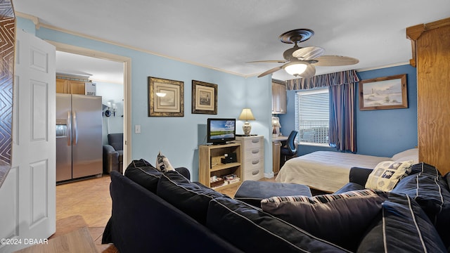 bedroom featuring stainless steel refrigerator with ice dispenser, ceiling fan, and ornamental molding