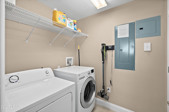 laundry area with electric panel and washer and clothes dryer