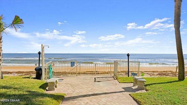 view of water feature with a beach view