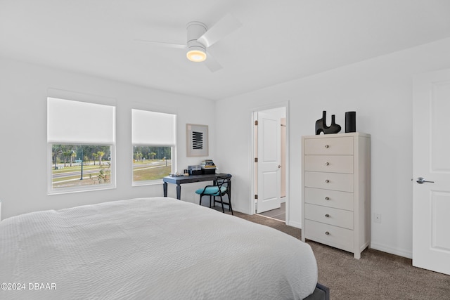 bedroom with ceiling fan and carpet