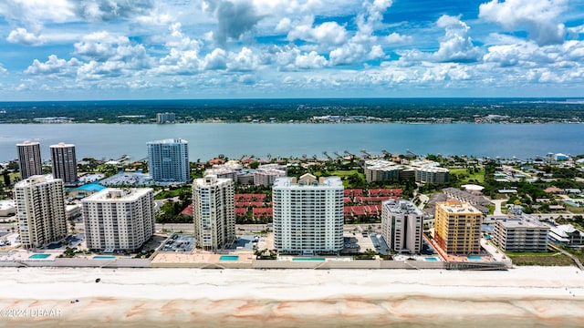 aerial view featuring a beach view and a water view