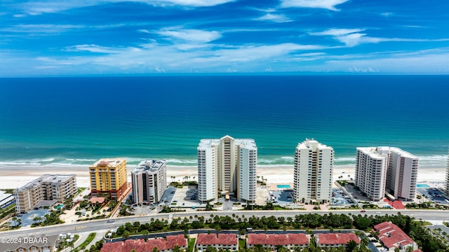 bird's eye view with a water view and a view of the beach