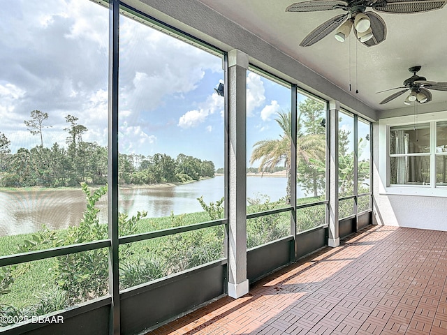 417 Grande Sunningdale Loop, Daytona Beach, FL 32124 - unfurnished sunroom featuring a water view and a ceiling fan