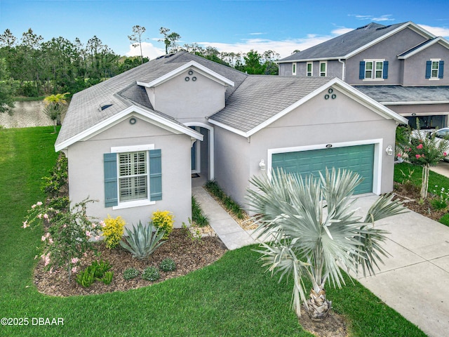417 Grande Sunningdale Loop, Daytona Beach, FL 32124 - view of front of house with stucco siding, a front lawn, a garage, and concrete driveway