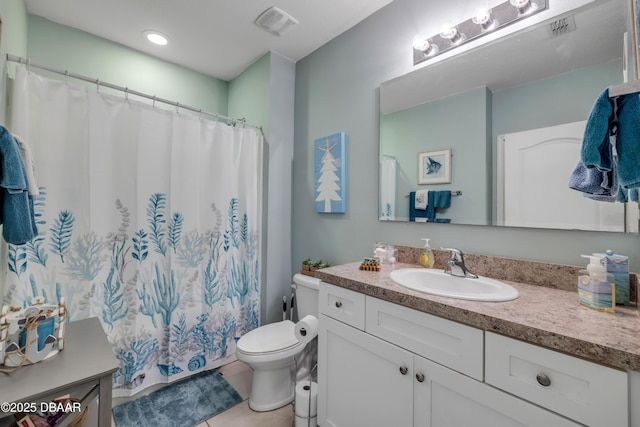 448 White Coral Ln, New Smyrna Beach, FL 32168 - bathroom with vanity, curtained shower, tile patterned flooring, and recessed lighting
