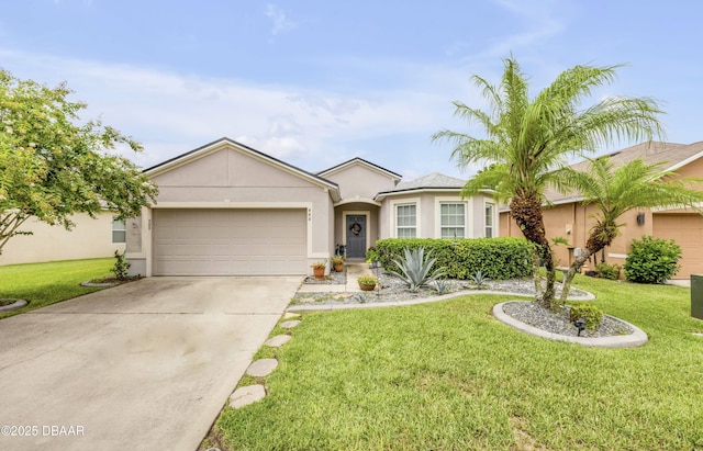 448 White Coral Ln, New Smyrna Beach, FL 32168 - single story home with stucco siding, an attached garage, concrete driveway, and a front yard