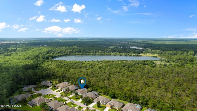 bird's eye view with a water view and a wooded view