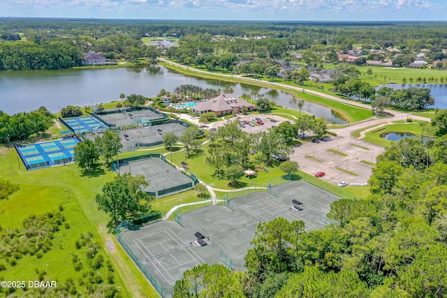 drone / aerial view with a water view