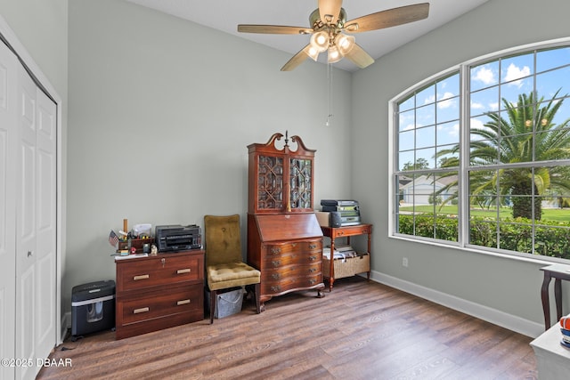 interior space with a ceiling fan, plenty of natural light, baseboards, and wood finished floors