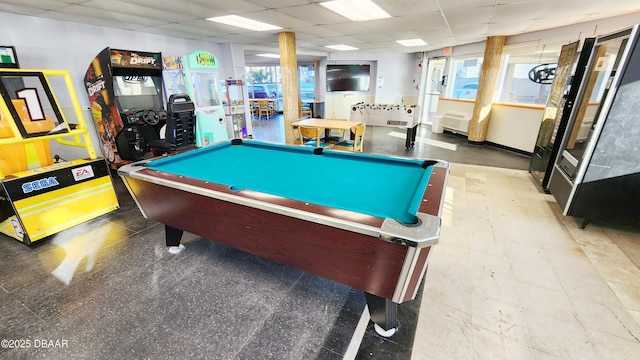 game room featuring billiards and a drop ceiling