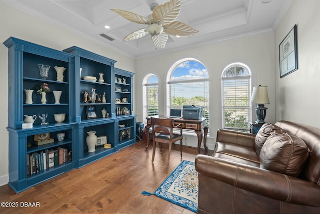 office area featuring hardwood / wood-style flooring, ceiling fan, and ornamental molding