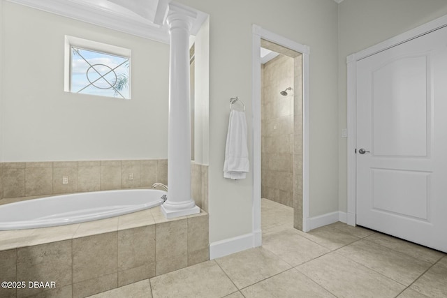 bathroom featuring decorative columns, plus walk in shower, and tile patterned flooring