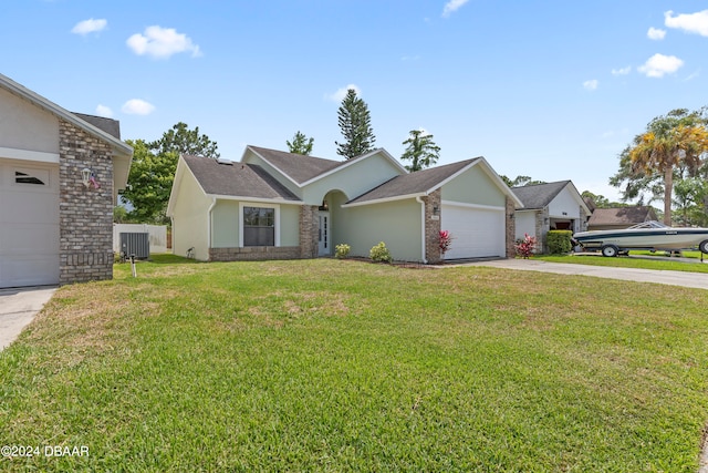 single story home with central AC unit, a garage, and a front lawn