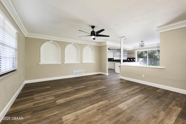 unfurnished living room with ceiling fan, dark hardwood / wood-style flooring, and ornamental molding