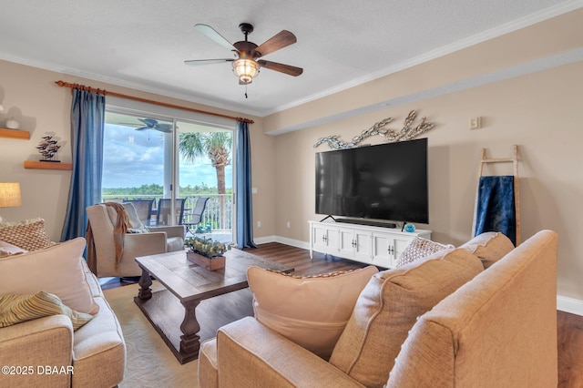 4672 Riverwalk Village Ct Unit 8203, Ponce Inlet, FL 32127 - living room with crown molding, baseboards, ceiling fan, and wood finished floors
