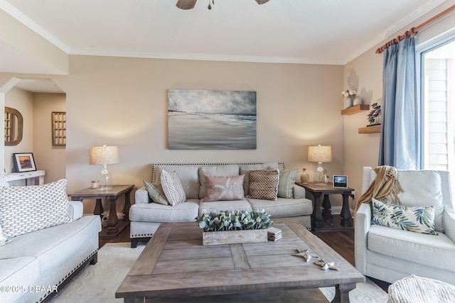 4672 Riverwalk Village Ct Unit 8203, Ponce Inlet, FL 32127 - living area with a ceiling fan, wood finished floors, and ornamental molding