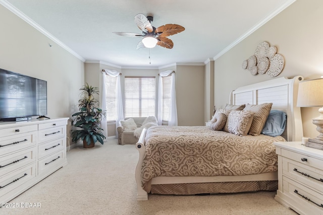 4672 Riverwalk Village Ct Unit 8203, Ponce Inlet, FL 32127 - bedroom featuring crown molding, baseboards, ceiling fan, and light colored carpet